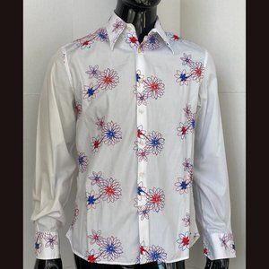 Henleys Red and Blue Floral Embroidered White Button Front Shirt Size 4 / Large